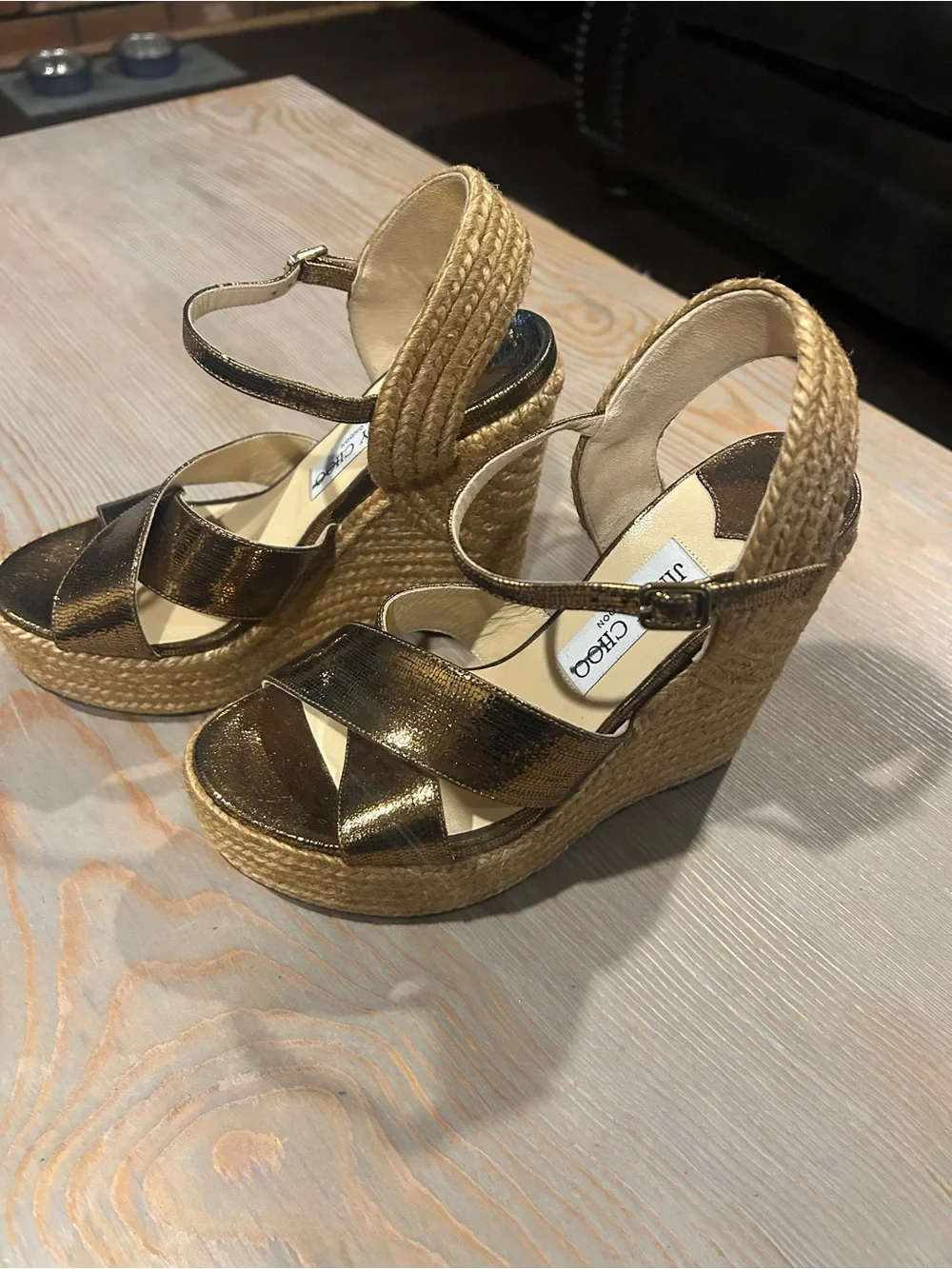 Jimmy Choo Gold Metallic Espadrille Platform Sandals